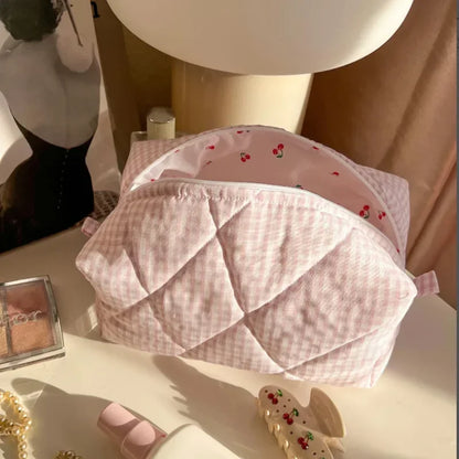 Checkered Floral Makeup Bag Large Capacity Portable Cosmetic Storage Cotton Quilted Wash Skincare
