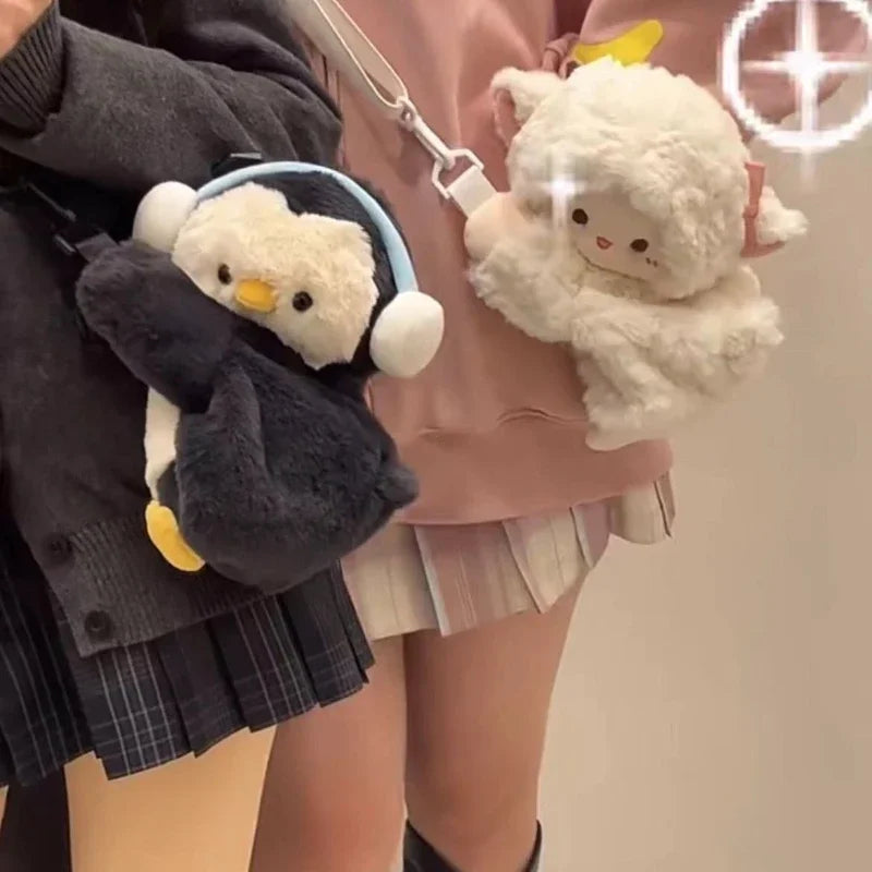 Kawaii Plush Animal Crossbody Bag for Women – Cute Penguin & Sheep Shoulder Purse