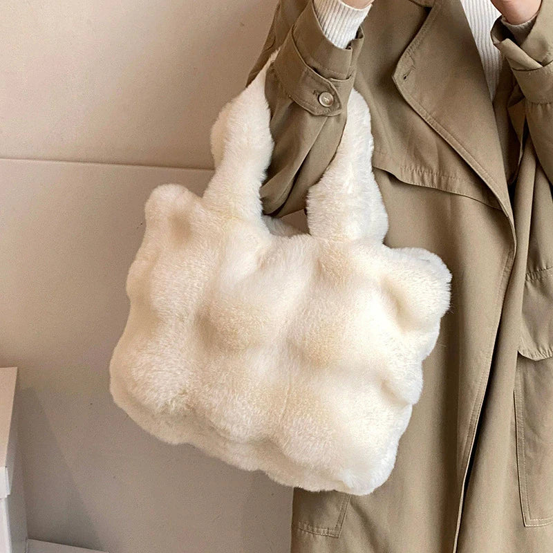 Fluffy Plush Tote Bag – Women's Faux Fur Top-Handle Handbag