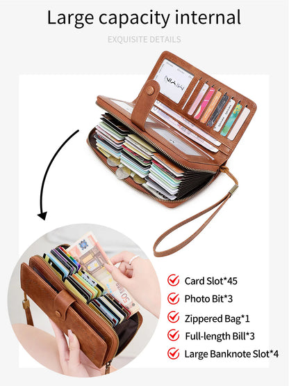 RFID Vintage Long Wallet for Women – Large Capacity Zipper Clutch
