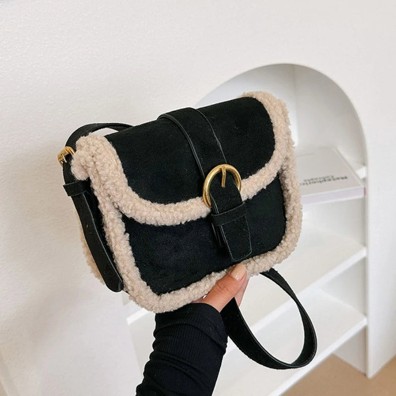 Suede Sherpa Crossbody Bag – Women's Plush Saddle Handbag