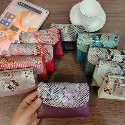 Snake Pattern Genuine Leather Tri-Fold Short Wallet for Women