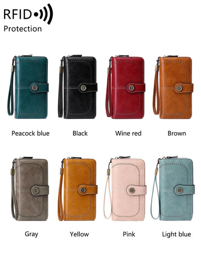 RFID Blocking Women's Trifold Long Wallet – Large Capacity Retro Leather Clutch