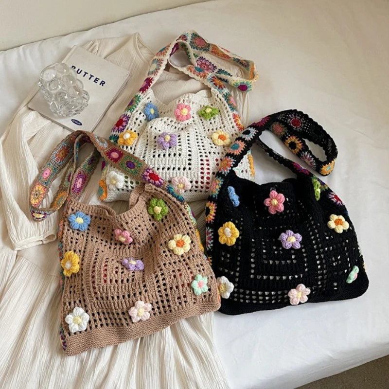 Boho Crochet Shoulder Bag – Floral Knit Large Tote