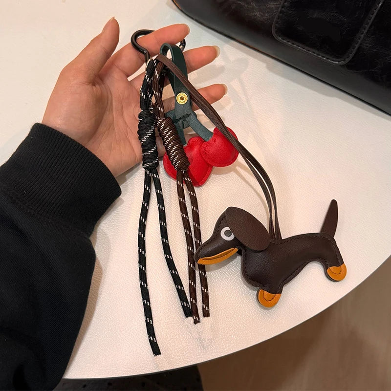 Cute Leather Dachshund Bag Charm Keychain with Cherry & Tassel