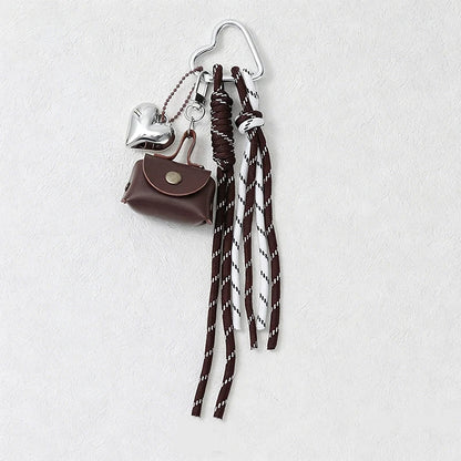 Mini Bow Bag Charm Keychain with Braided Rope & Heart Pendant