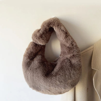 Plush Half Moon Bag – Fluffy Top Handle Clutch for Women
