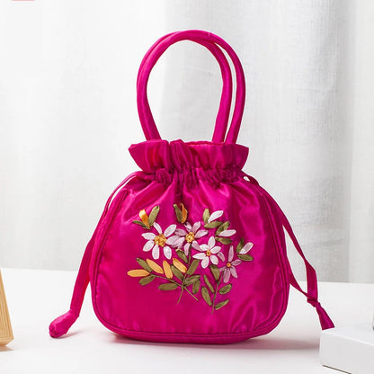 Embroidered Drawstring Handbag – Floral Satin Bucket Bag