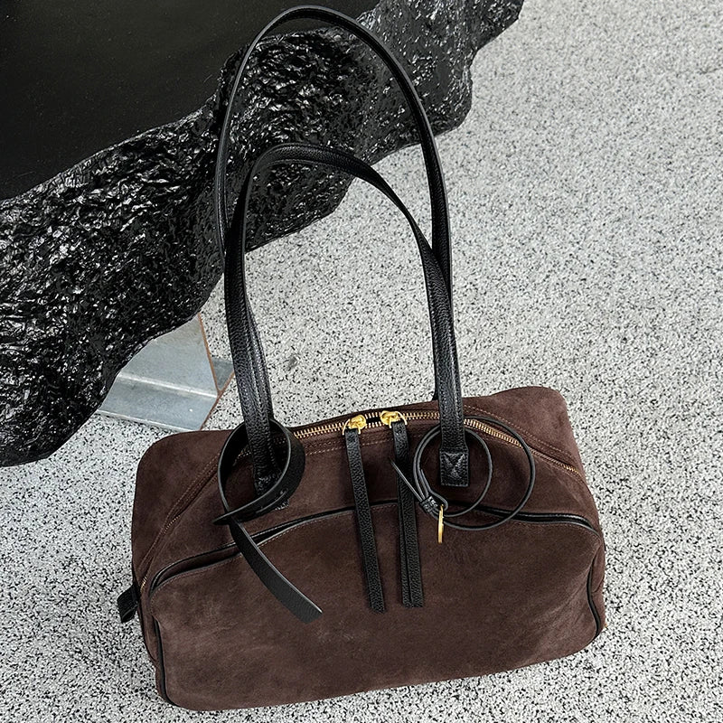 Genuine Suede Leather Tote Bag – Large Capacity Cowhide Shoulder Handbag
