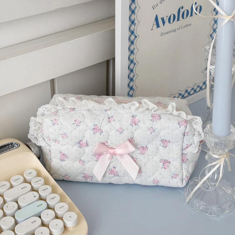 Floral Lace Makeup Bag – Cute Bow Cosmetic Pouch for Women