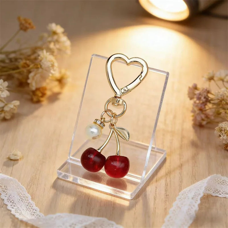 Cherry Resin Bag Charm Keychain with Heart Clip & Pearl