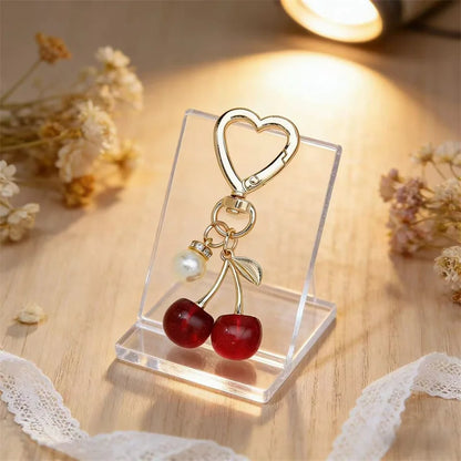 Cherry Resin Bag Charm Keychain with Heart Clip & Pearl