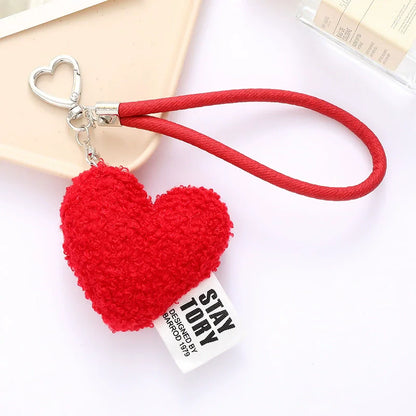 Plush Heart Keychain Bag Charm with Bow & Wrist Lanyard