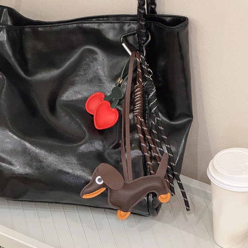 Cute Leather Dachshund Bag Charm Keychain with Cherry & Tassel