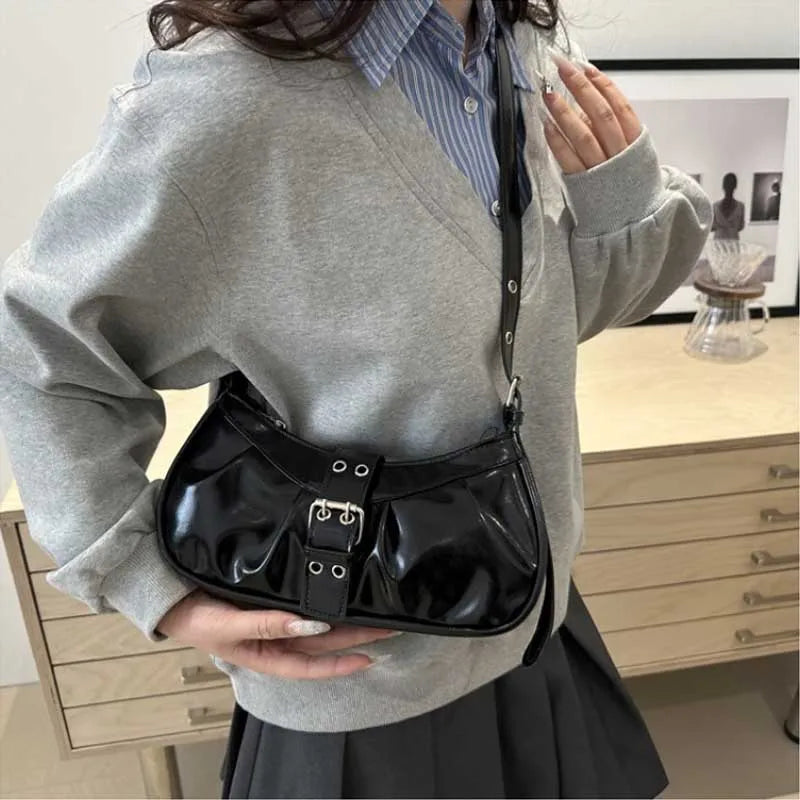 Y2K Buckle Shoulder Bag PU Leather Crossbody for Women