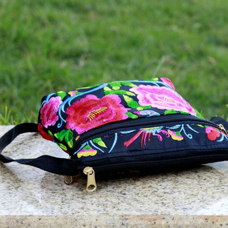 Embroidered Canvas Crossbody Bag – Ethnic Floral Shoulder Bag