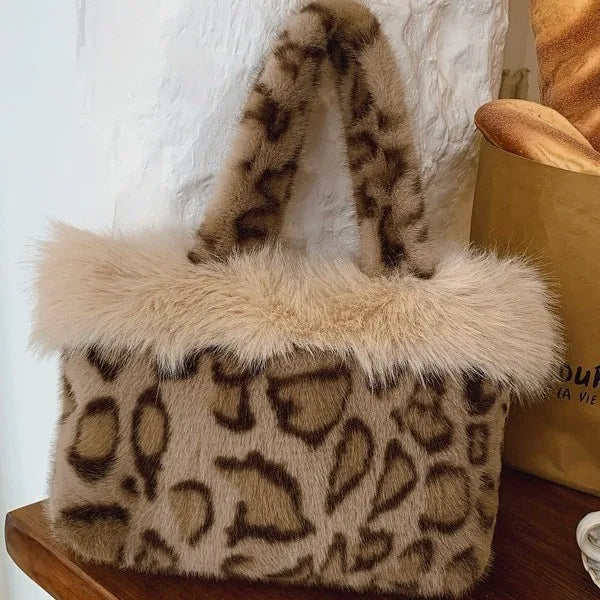 Autumn Winter Leopard Print Tote Bag Shoulder Hair Large Capacity Messenger Plush Student