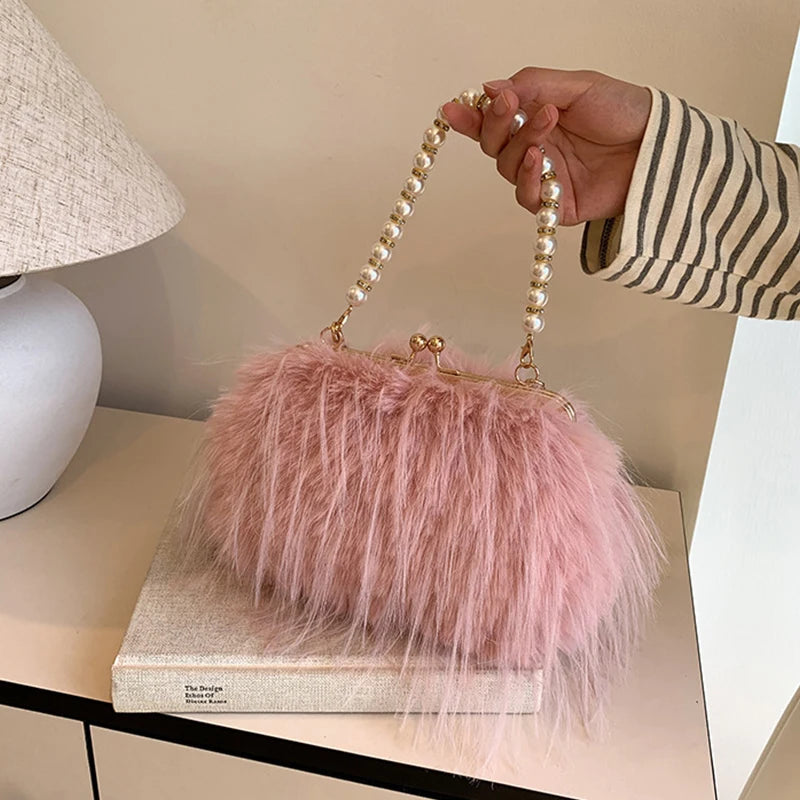 Plush Evening Bag – Fluffy Faux Fur Clutch with Pearl Handle