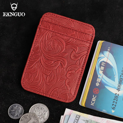 Genuine Leather Card Holder – Slim Floral Embossed Credit Card Wallet