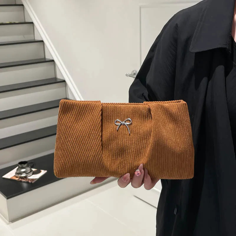 Bow Corduroy Cosmetic Bag Large Capacity Makeup Clutch Purse