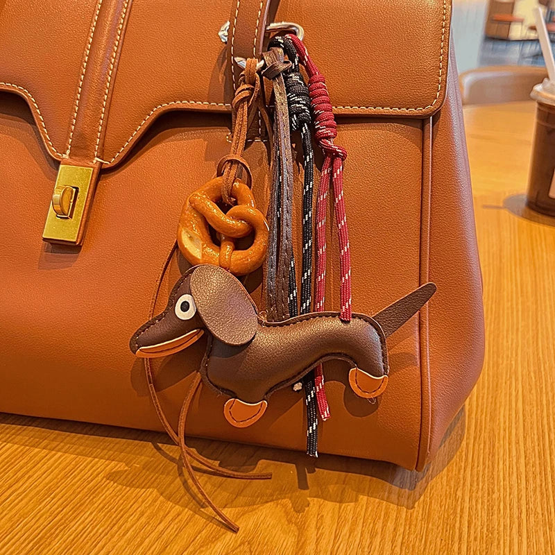 Dachshund Leather Keychain Bag Charm with Braided Rope