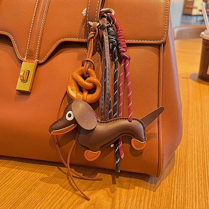 Dachshund Leather Keychain Bag Charm with Braided Rope