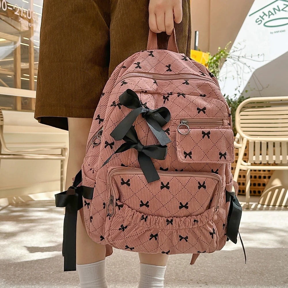 Corduroy Bow Backpack – Cute Large Capacity College School Bag