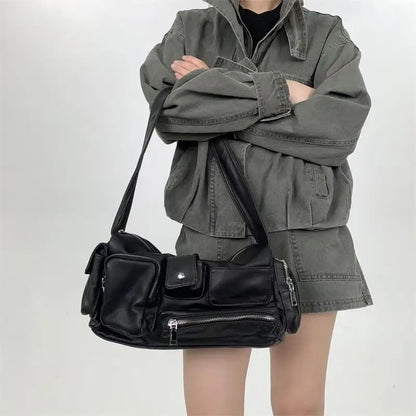 Hobo Crossbody Bag – Y2K Washed Leather Multi-Pocket Women's Bag