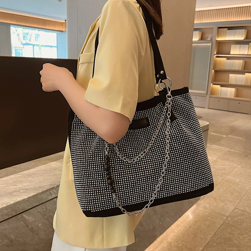Rhinestone Tote Bag for Women – Large Bling Diamond PU Leather Chain Shoulder Bag