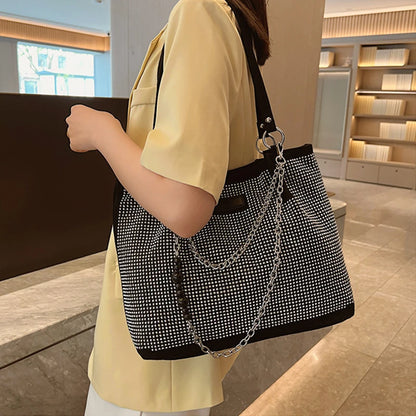 Rhinestone Tote Bag for Women – Large Bling Diamond PU Leather Chain Shoulder Bag