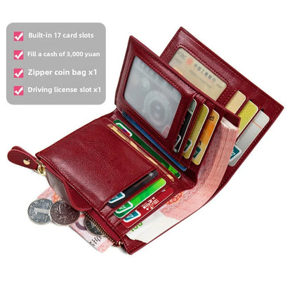 RFID Blocking Genuine Leather Women's Wallet – Zip Coin & Multi-Card Organizer
