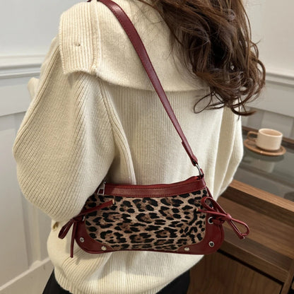 Leopard Print Bow Shoulder Bag – Retro Underarm Handbag for Women