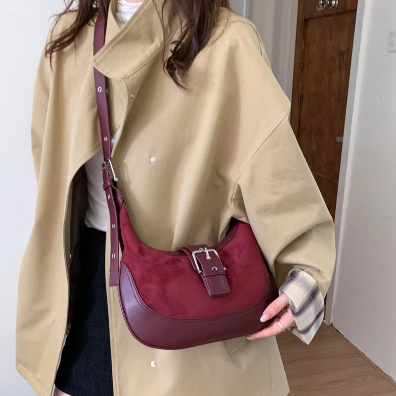 Moods Belt Buckle Design Crossbody Bags Women Pu Suede Commute Underarm Shoulder Hobo Bag Designer