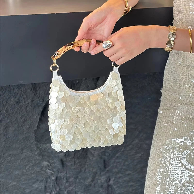 Shell Beaded Evening Bag Women Bamboo Handle Sequin Clutch