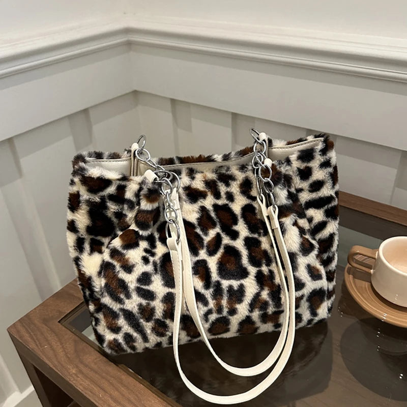 Leopard Print Fluffy Tote Bag – Women's Large Faux Fur Handbag