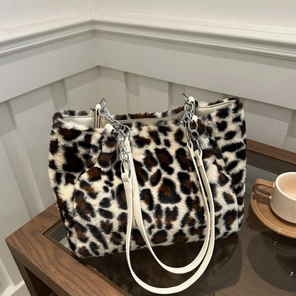Leopard Print Fluffy Tote Bag – Women's Large Faux Fur Handbag