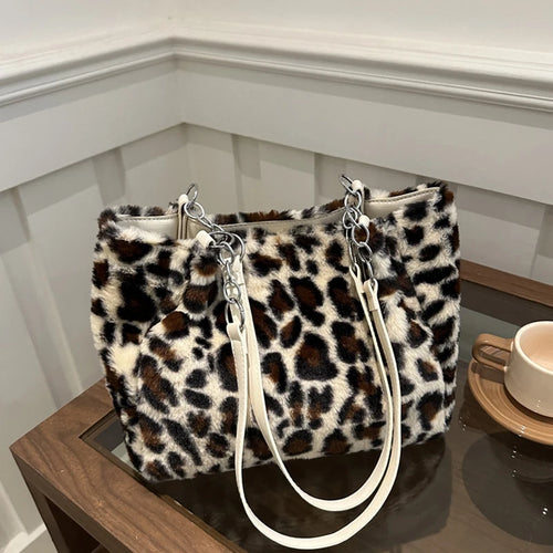 Leopard Print Fluffy Tote Bag – Women's Large Faux Fur Handbag