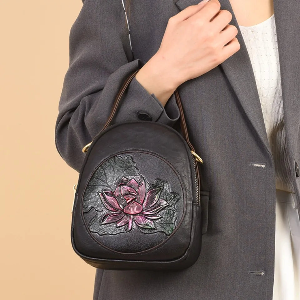 Lotus Embossed Leather Crossbody Bag – Mini Vintage Shoulder Bag