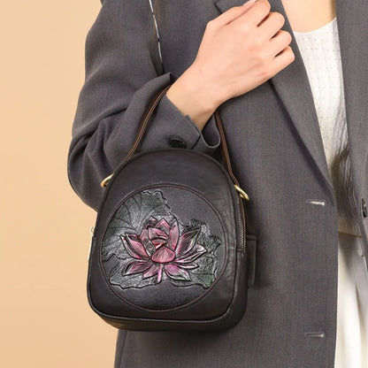 Lotus Embossed Leather Crossbody Bag – Mini Vintage Shoulder Bag