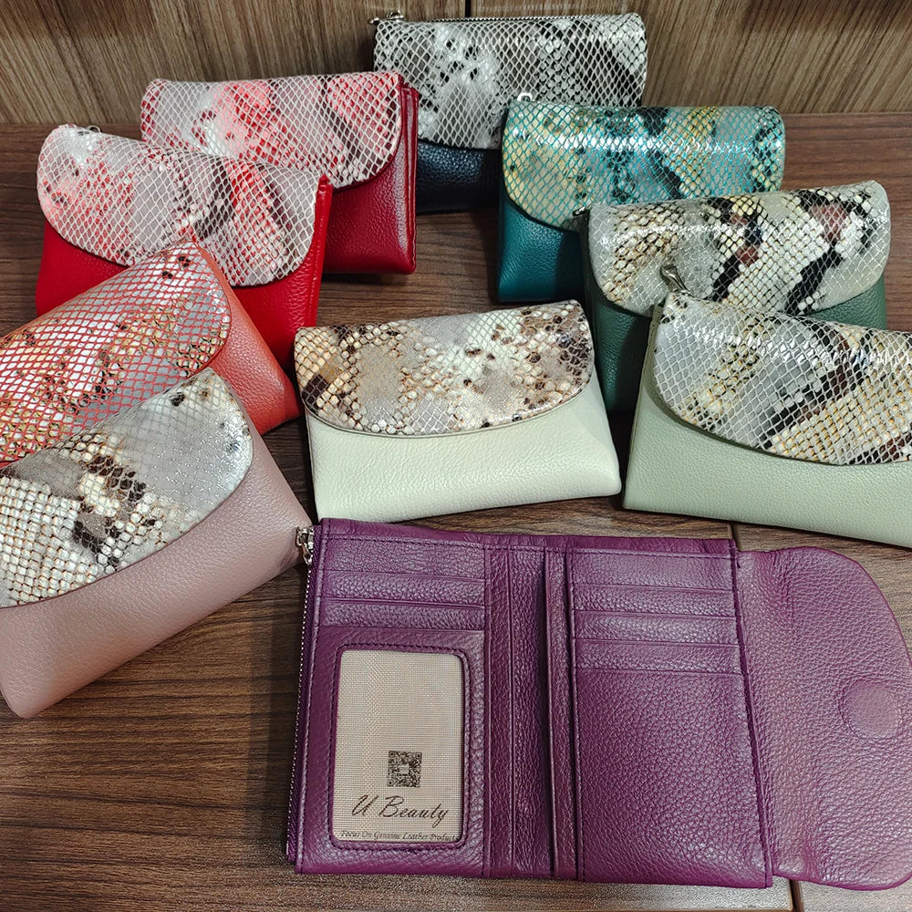 Snake Pattern Genuine Leather Tri-Fold Short Wallet for Women