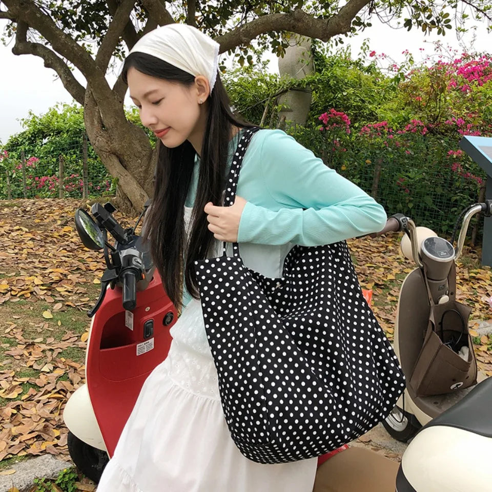 Polka Dot Canvas Tote Bag – Retro Large Capacity Shoulder Bag