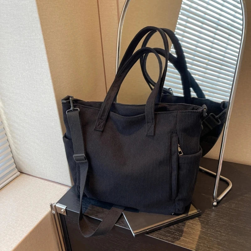 Corduroy Tote Bag for Women – Multi-Pocket Crossbody Shoulder Bag
