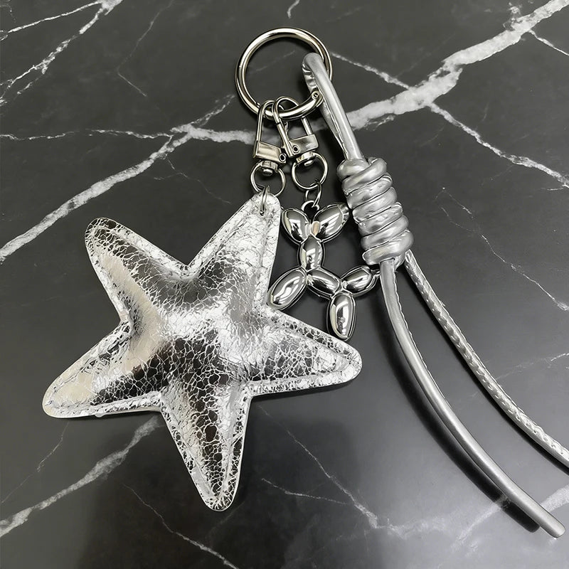 Leather Star Bag Charm Keychain with Braided Rope