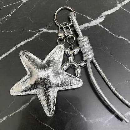 Leather Star Bag Charm Keychain with Braided Rope