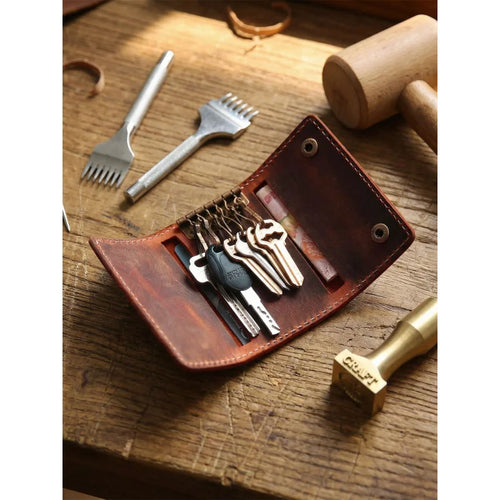 Leather Key Holder Card Case – Handmade Vintage Men's Keychain Wallet