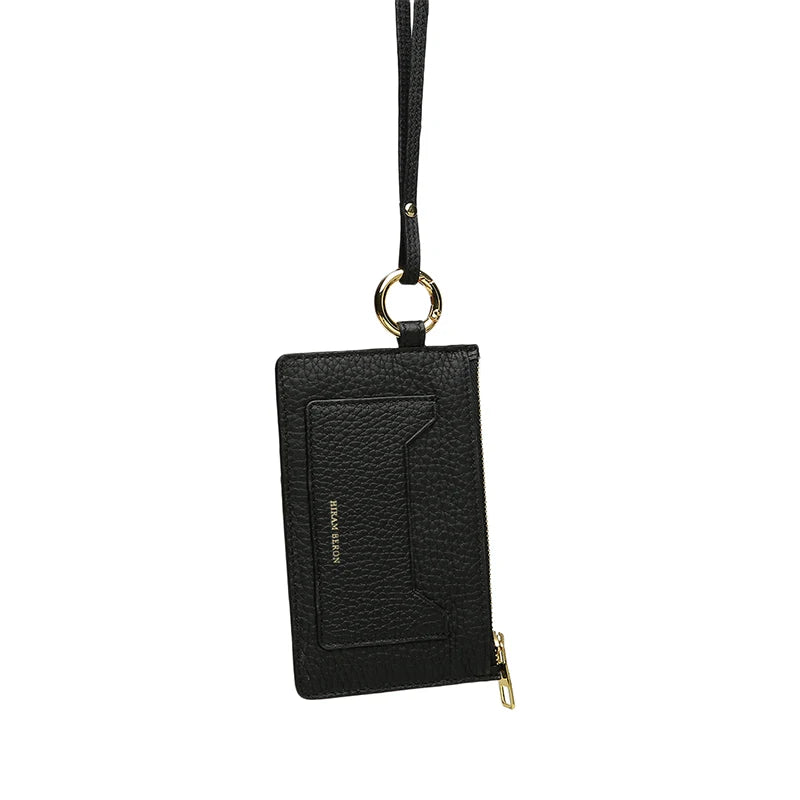 Leather ID Card Holder with Lanyard, Slim Badge Holder Wallet