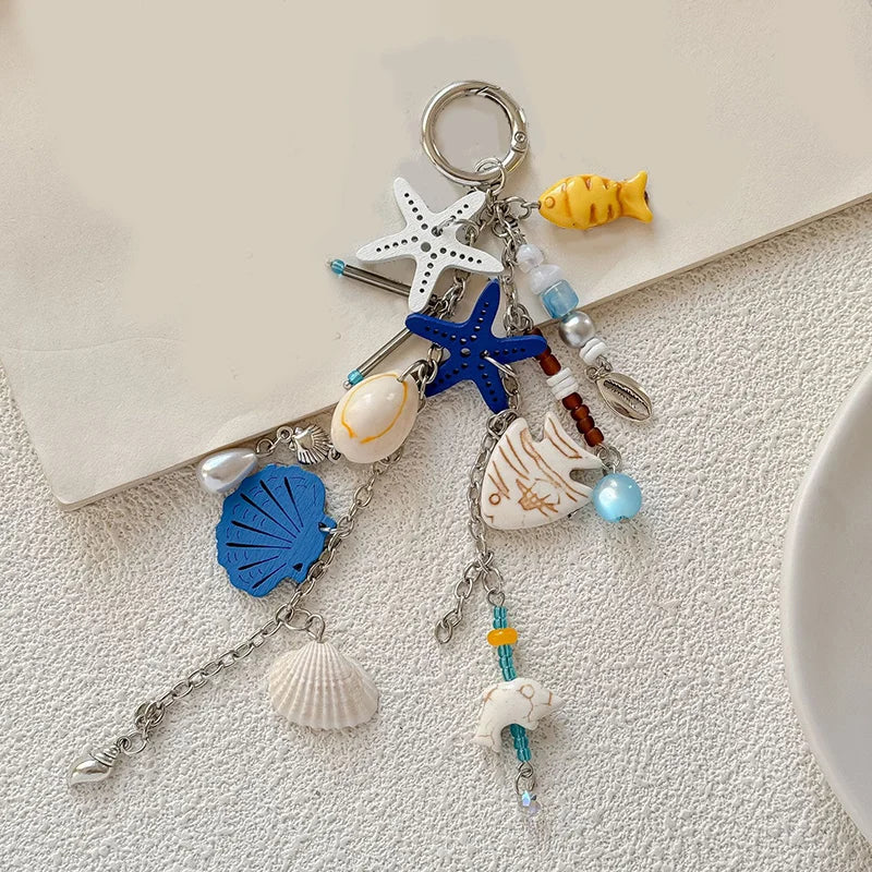 Beach Ocean Keychain Bag Charm with Shell Starfish & Fish Pendants
