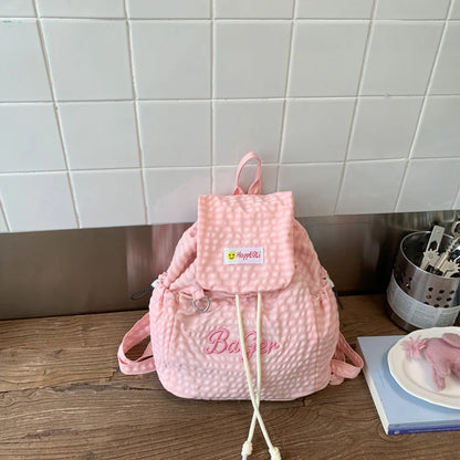 Mini Drawstring Backpack – Plaid Embroidery Casual Daypack