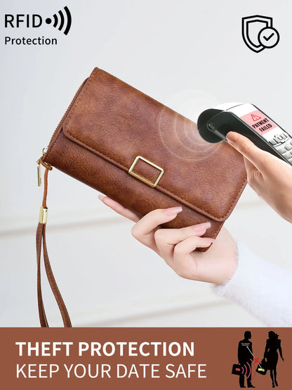 RFID Blocking Trifold Wallet for Women – Vintage Multifunction Long Cardholder