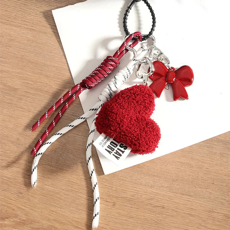 Plush Heart Keychain with Bow – Cute Woven Rope Bag Charm
